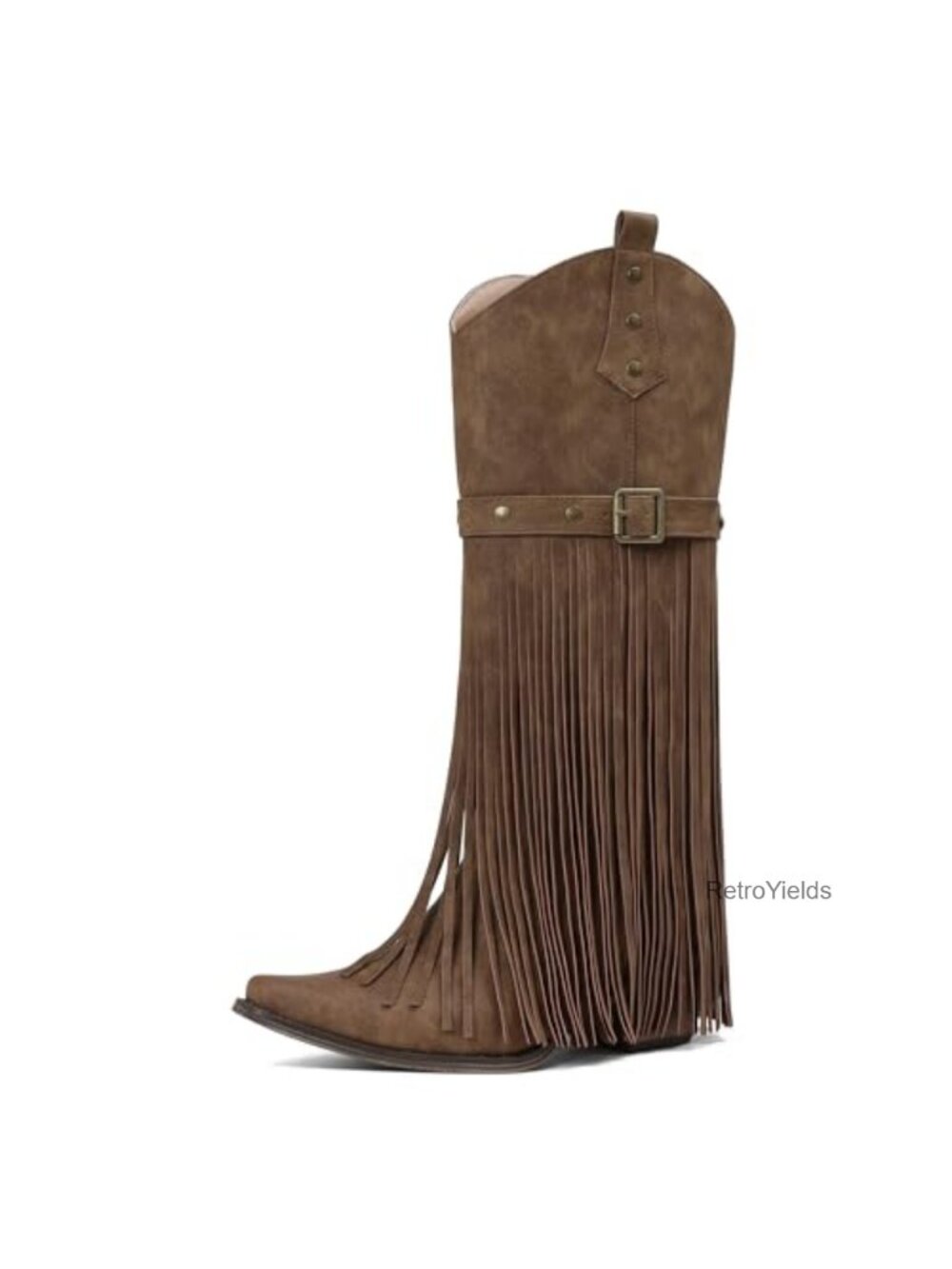 Women's Suede Fringe Cowboy Boots Retro Block Heel Western